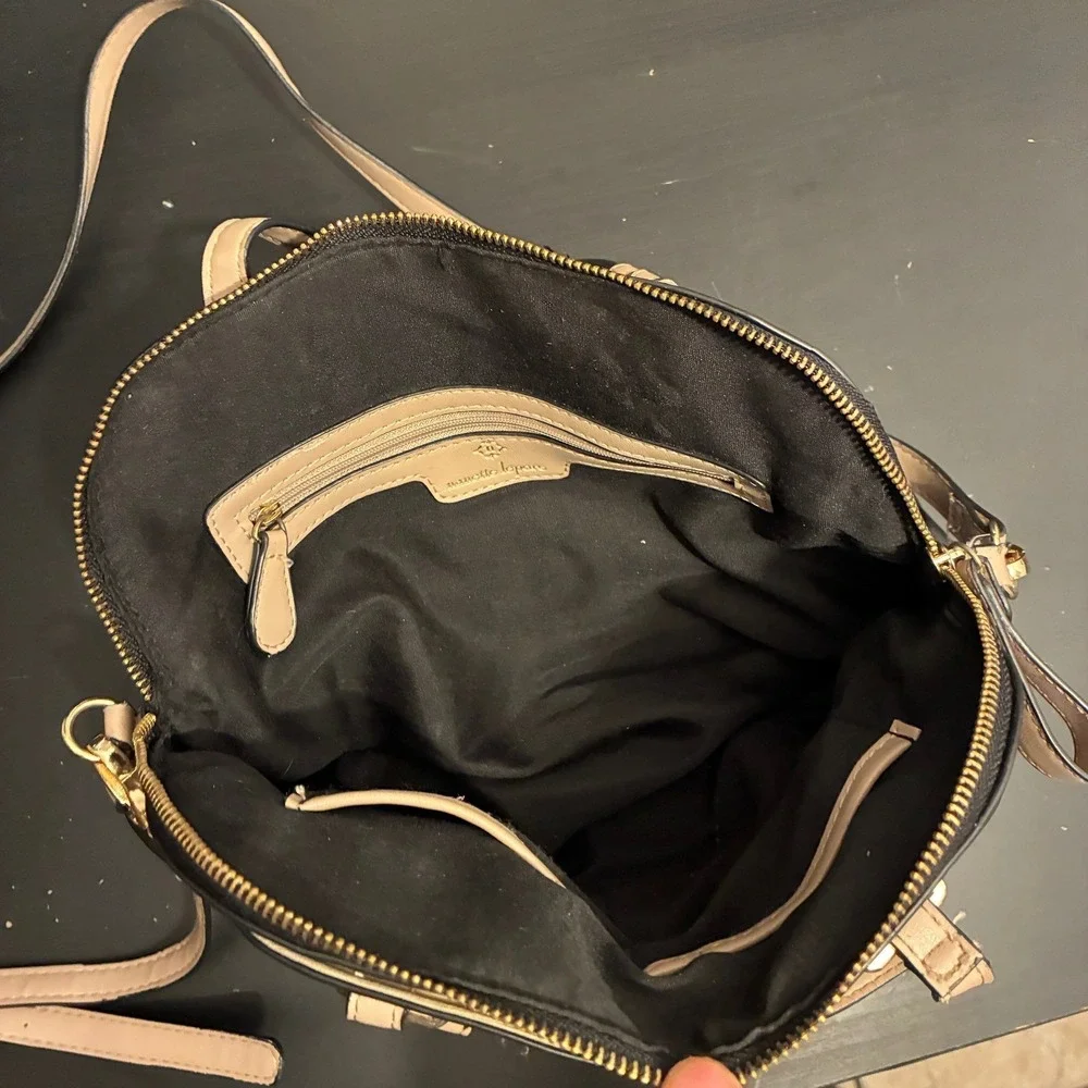 Nanette Lepore Black Tan Faux Leather Dome Crossbody Satchel Bag Gold Hardware